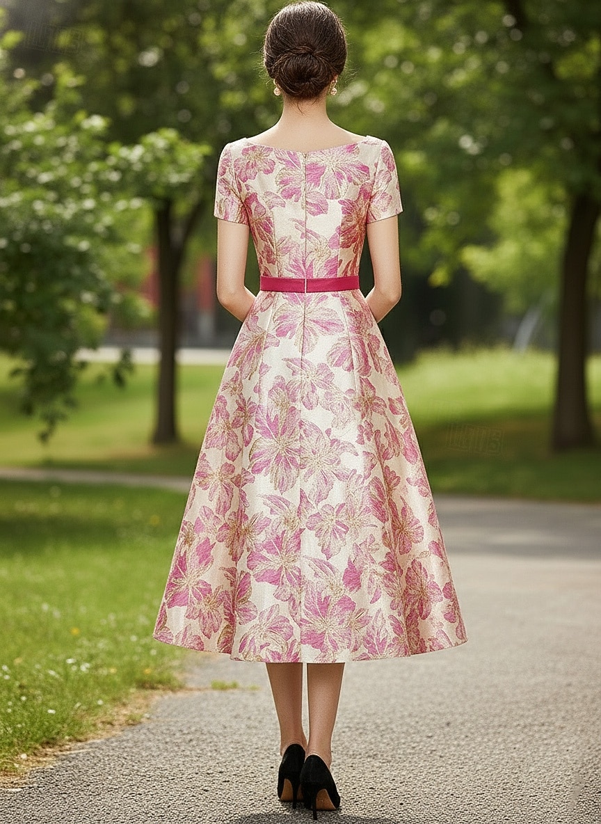 Linea ad A Lunghezza Tè Abito Formale Abiti da Cocktail Elegante Manica Corta Scollo a V Matrimonio Formale Jacquard con Fiocco/Fiocchi del 2026 a $148.99 –P4