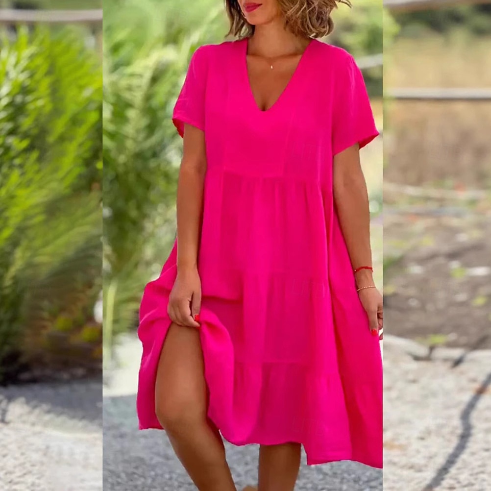 Dame Mini kjole Imitert bomullslin Uformell kjole Bomullskjole Elegant Mote Moderne utendørs Feriereise Ut på byen Løstsittende عادي Kortermet V-hals Blå Svart Rød Oransje Sommer Vår 2026 - $21.99 –P2