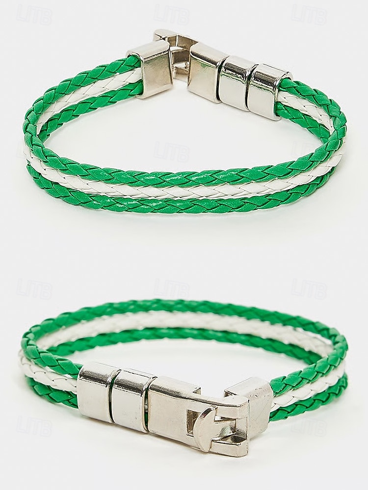 2026年 男性用のセントパトリックスデー編み込みフェイクレザーブレスレット、グリーンとホワイトの編み込みリストバンド、メタルクラスプ付き、男性用カジュアルアイリッシュスタイルジュエリー、ホリデーパレード、パーティー、お祭りの装いに最適  コレクション – $7.99 –P6