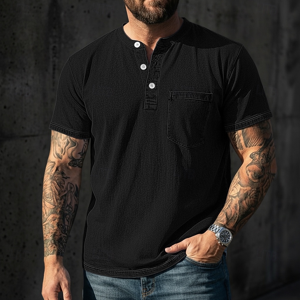 Pánské Tričko Henley Košile ze 100% bavlny Tričko Tričko Krátký rukáv Jednobarevné Retro Na běžné nošení Retro styl Barvení oděvů Vybledlý Henley Ležérní Léto Jaro Podzim Světlá růžová Šedá Tričko 2026 - $31.99 –P16