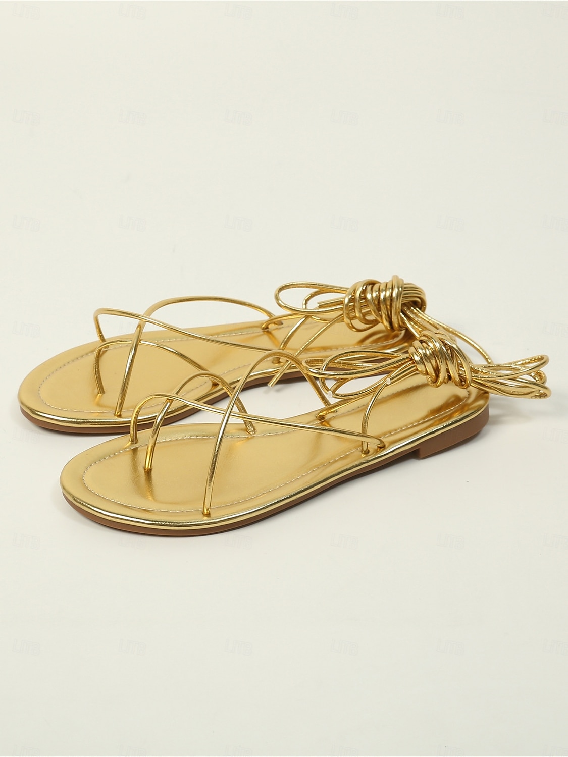 Damskie sandały ze złotym metalicznym wykończeniem, sznurowane – eleganckie płaskie buty typu gladiator z paskami na wakacje na świeżym powietrzu i na tropikalnej wyspie &letnie imprezy na plaży 2026 - $29.99 –P2
