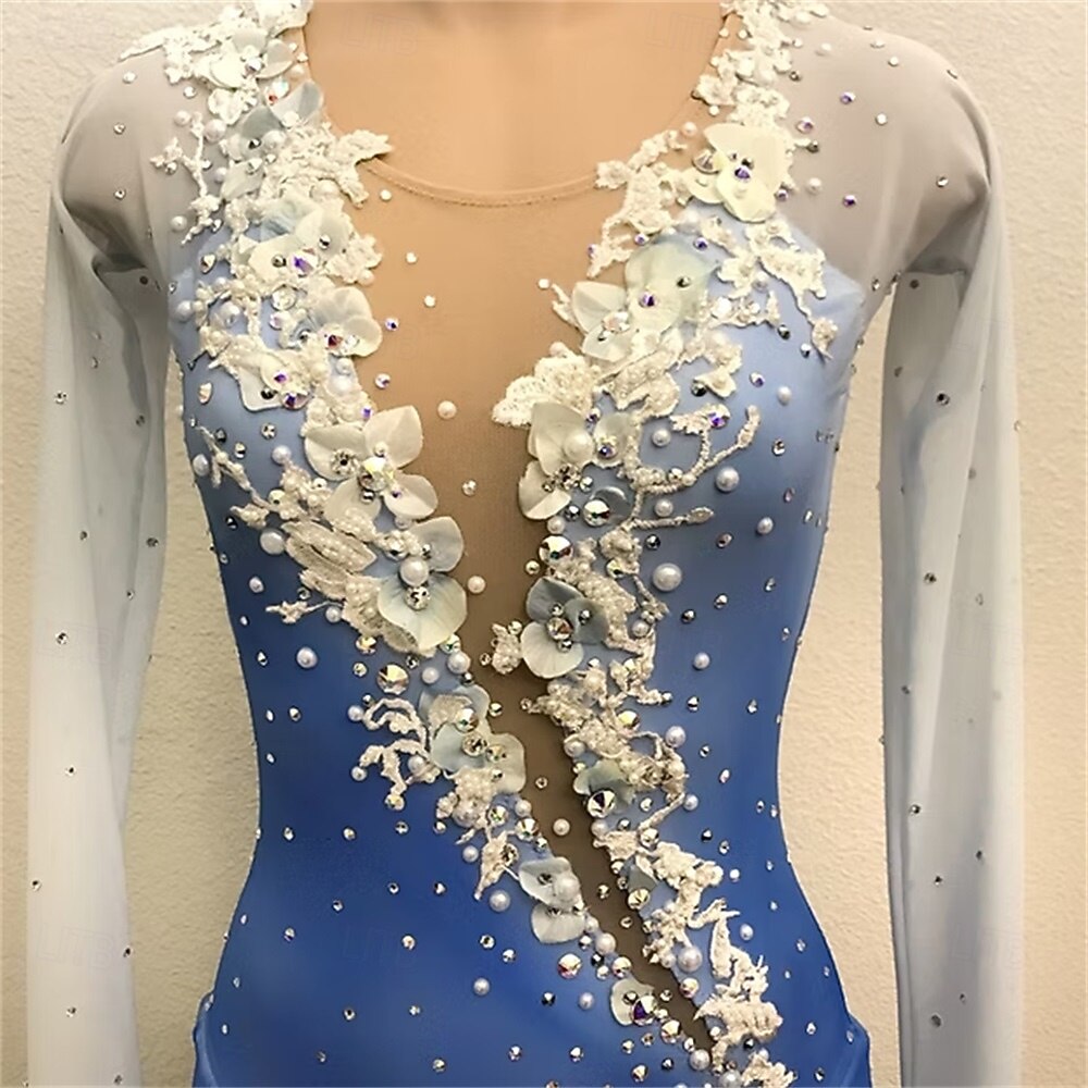 Robe de patinage artistique Femmes Patinage Robe Bleu + Blanc Patchwork Ourlet asymétrique Élastique Entraînement Compétition Tenue de Patinage Classique cristal pailleté manche longue Patinage sur de 2026 ? $306.69 –P4