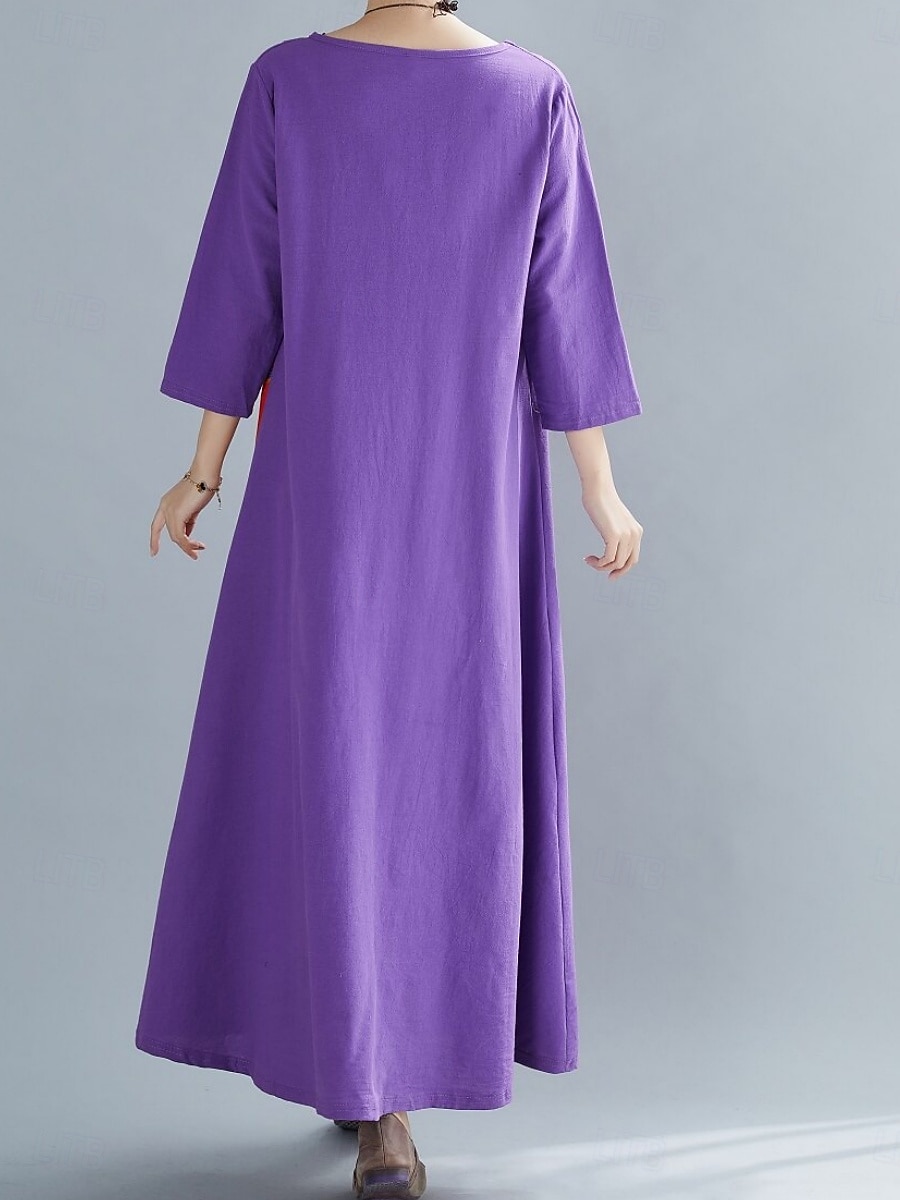 Robe maxi en lin pour femme faux coton robe décontractée coupe ample graphique floral manches 3/4 col rond noir jaune rouge violet été printemps de 2026 ? $22.99 –P10