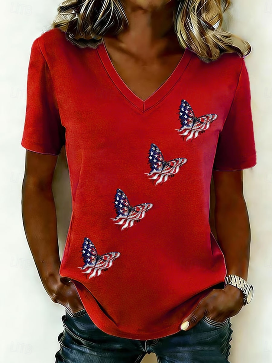 T-shirt patriottica da donna per il Giorno dell'Indipendenza Stampa Grafica Bandiera Farfalla Vintage Stile Classico Manica Corta Collo a V Top Regolari Quotidiani Blu Bianco Rosso Khaki Estate del 2026 a $21.99 –P2