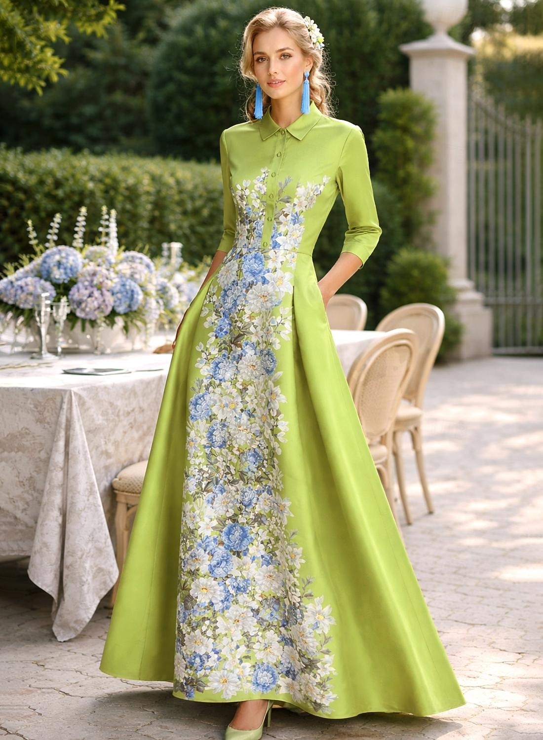 Linia -A Lungime Podea Rochii Tip Cămașă Rochie pentru invitata de nunta Rochie formala Rochie Mama Miresei Manșon Lung Guler Cămașă Elegant Epocă Nuntă Oficial Satin cu Imprimeu Floral 2026 - $183.99 –P5