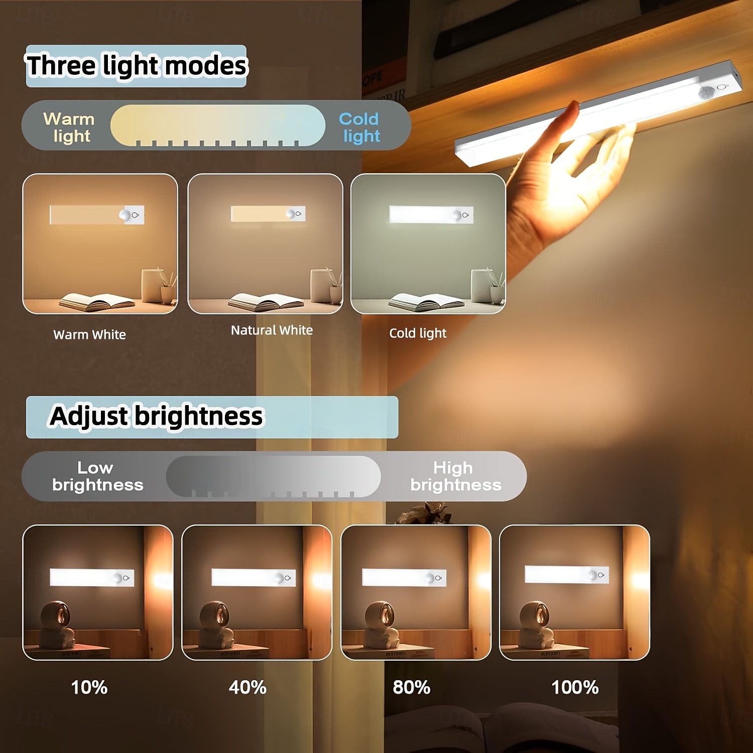 3 Pcs LED Smart Motion Sensor Magnetic Rechargeable Night Lights, Wireless, 3-Color Dimming, Closet, Cabinet, Wine Rack, Bedroom, Bathroom, USB Charging, 10/20/30/50cm 2026 - $8.44 –P2