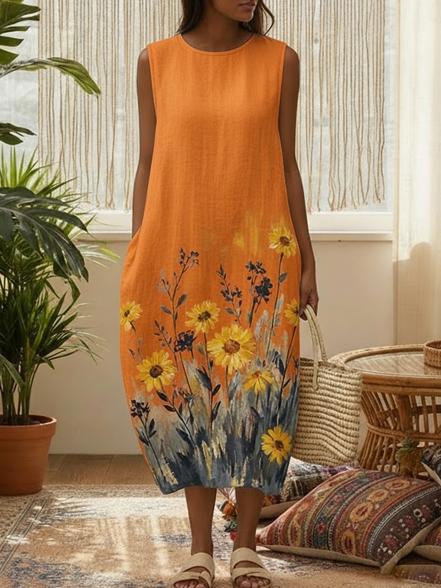 Per donna Abito Midi Finto cotone e lino Vestito Casual Vestito Estivo Abito a Tubino Vintage Quotidiano All'aperto Vacanza Vestibilità regolare Floreale Girasole Senza Maniche Girocollo Blu Giallo del 2026 a $37.99 –P4
