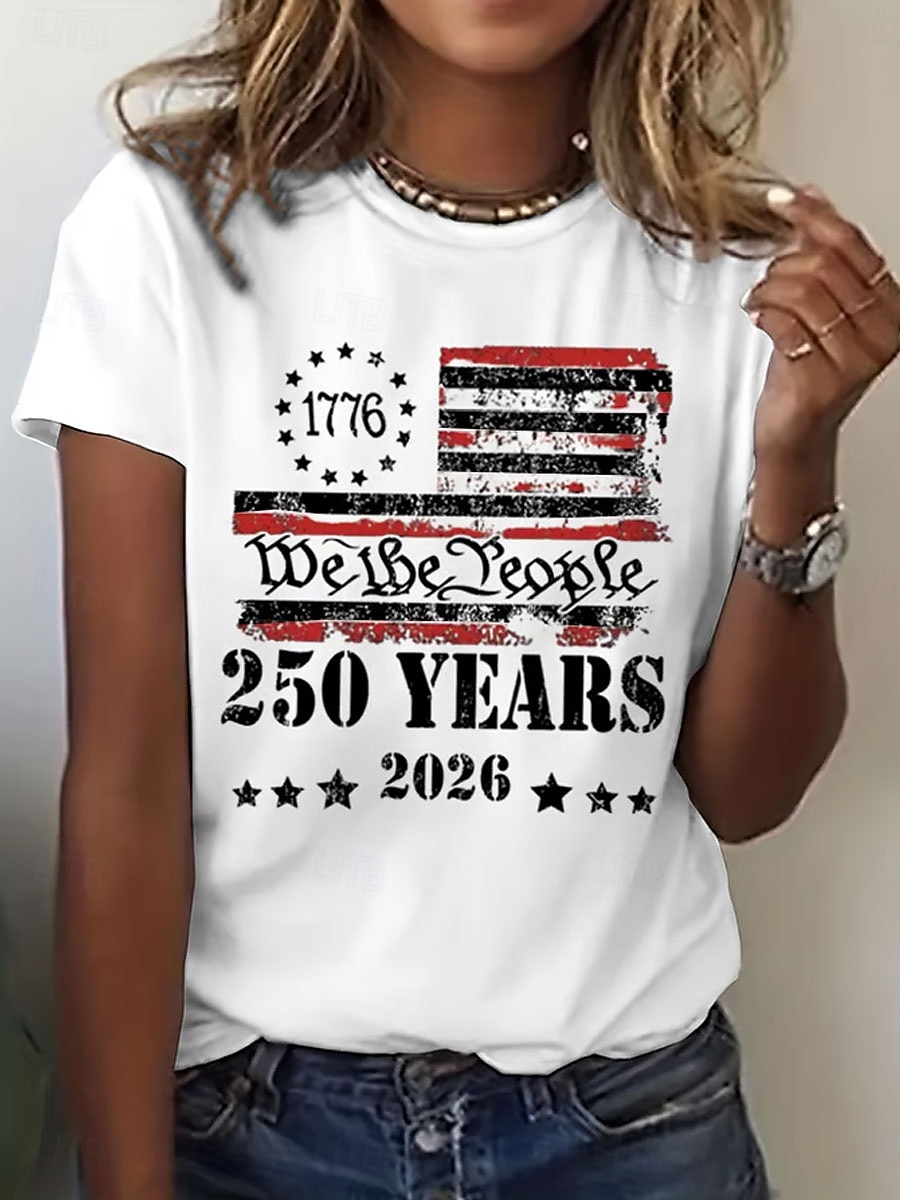Independence Day American Anniversary Patriotic Women's T Shirt Print Graphic Flag Letter Stylish Classic Casual Short Sleeve Crew Neck Regular Tops Daily Blue Black White Red Summer Spring 2026 - $22.99 –P2