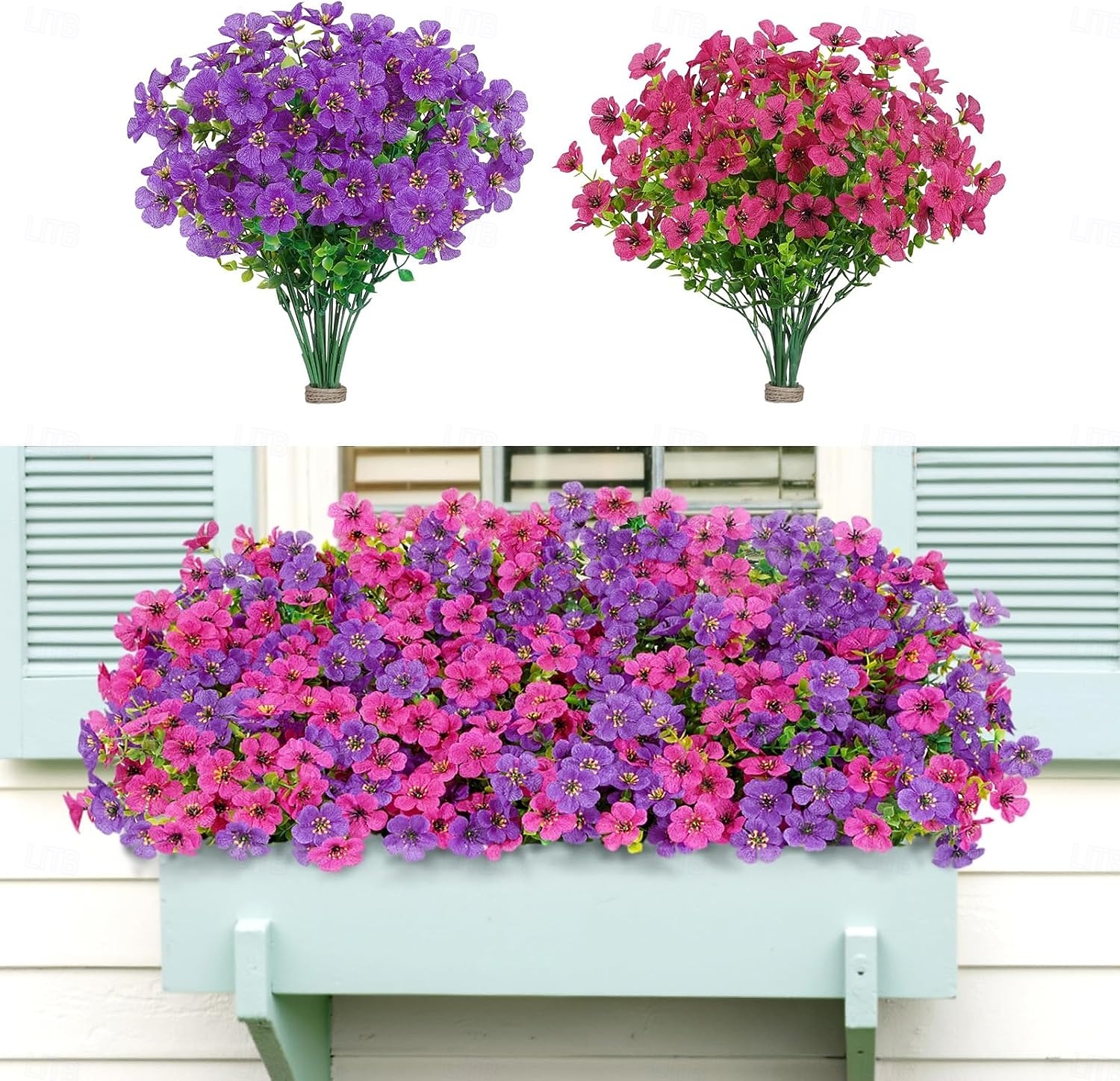 24 csokor művirág kültéri és beltéri használatra, fukszia színű &lila műanyag művirágok százszorszép eukaliptusz levelekkel otthoni kerti dekorációhoz, verandára, ablakládába 2026 - $39.99 –P1