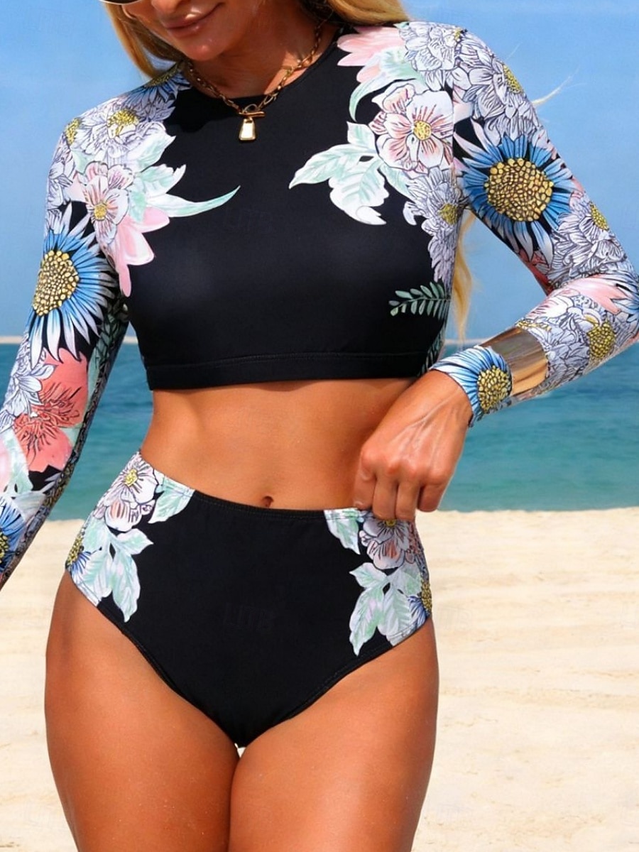 Damskie Stroje kąpielowe Bikini 2 szt Majtki Kostium kąpielowy Szczupła Odkryte plecy Urlop Stroje plażowe Kwiaty Okrągły dekolt Długi rękaw Kostiumy kąpielowe 2026 - $24.99 –P2