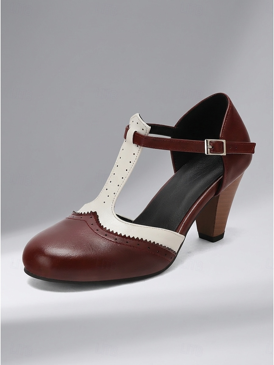 Damesko i burgunder og hvitt med t-stropper – elegante retro pumps med mellomhøy hæl og tofarget tilskuerdesign til brudens mor, innendørs kirkeseremonier og formelle mottakelser 2026 - $59.99 –P6
