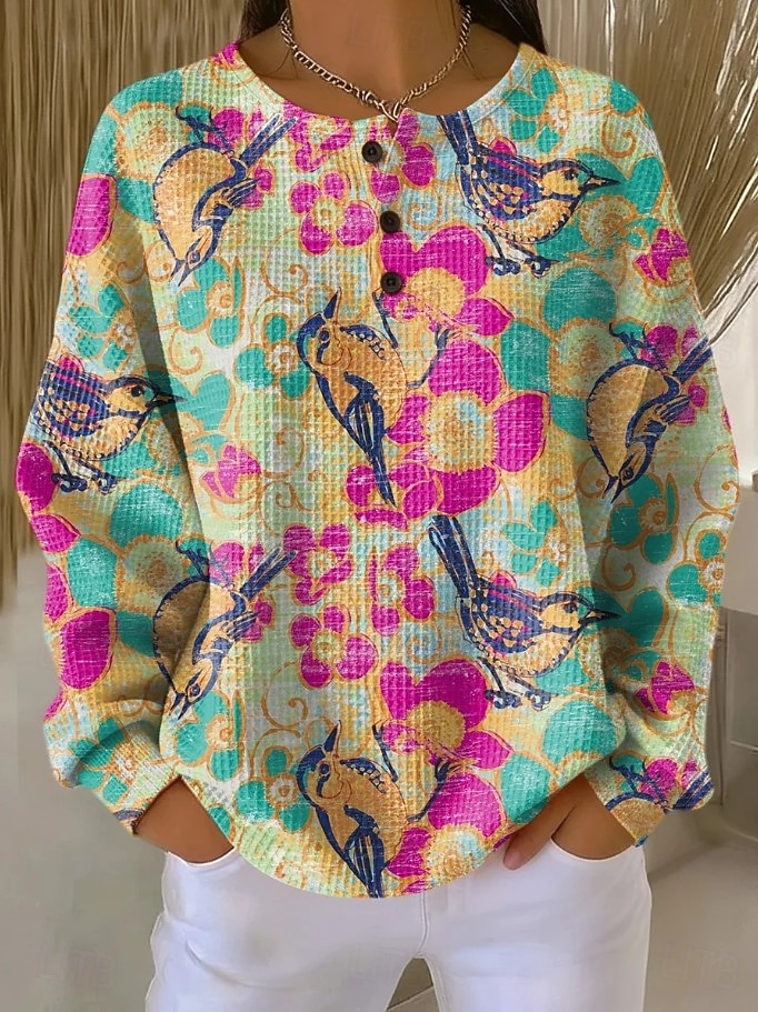 Damen Pullover Sweatshirt Knöpfe Blumen Grafik Mode Lässig Druck Langarm Rundhalsausschnitt Normale Oberteile Lässig Heim Arbeit Blau Schwarz und Rot Hellgrün Purpur Orange Sommer Frühling 2026 - $28.99 –P3