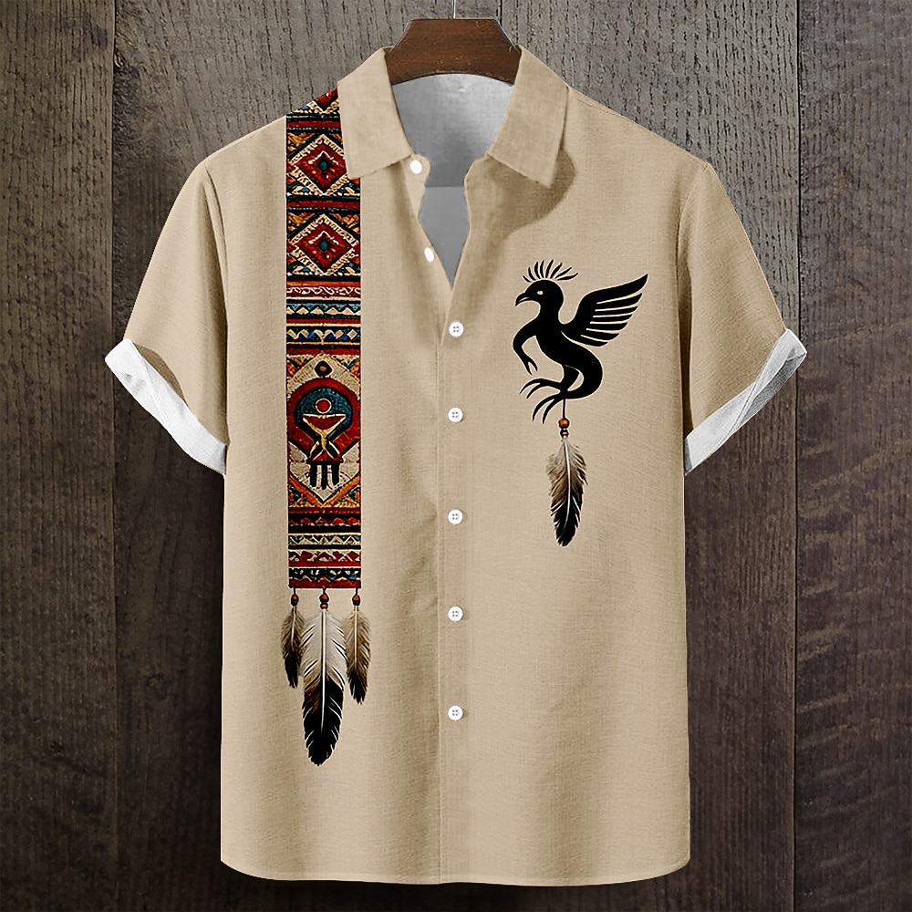 Men's Geometric Indian Culture Native American Feather Shirt Button Up Shirt Short Sleeve Vintage Retro Daily Outdoor Vacation Summer Spring Turndown 3D Print Linen Like Shirt Blue Green Khaki Gray 2026 - $25.99 –P1