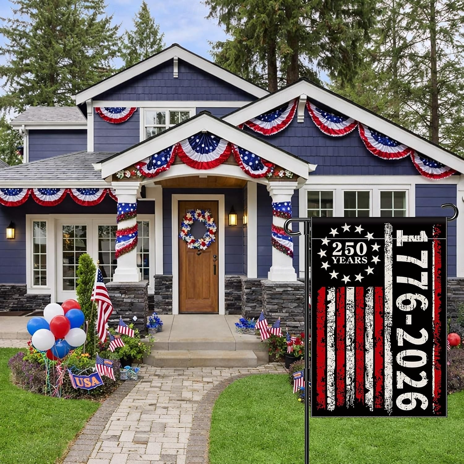 Banner de grădină vintage cu steagul american, aniversare de 250 de ani a SUA (1776-2026), cu design roșu, alb și negru, pentru decor exterior 2026 - $11.99 –P3