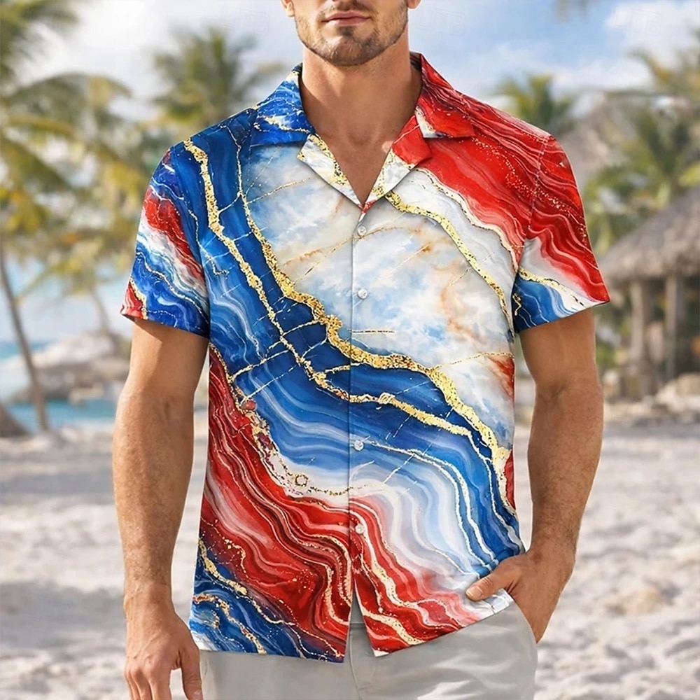 Men's 4th of July U.S. 250th Anniversary US Flag Abstract Liquid Art Shirt Cuban Collar Shirt Button Up Shirt Short Sleeve Patriotic Holiday Summer Spring Camp Collar Shirt 3D Print Blue Blue red 2026 - $25.99 –P2