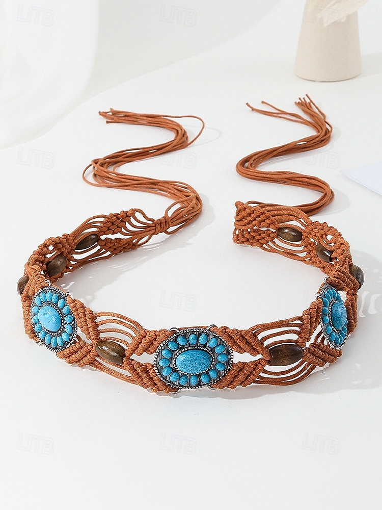 Naisten boheemi vahanurmivyö turkooseilla kivikoristeilla, säädettävä punottu vyö, monivärinen vintage-tyylinen asuste naisille, täydellinen jokapäiväiseen käyttöön, lomalle, rannalle ja lomakohteeseen 2026 - $14.99 –P8