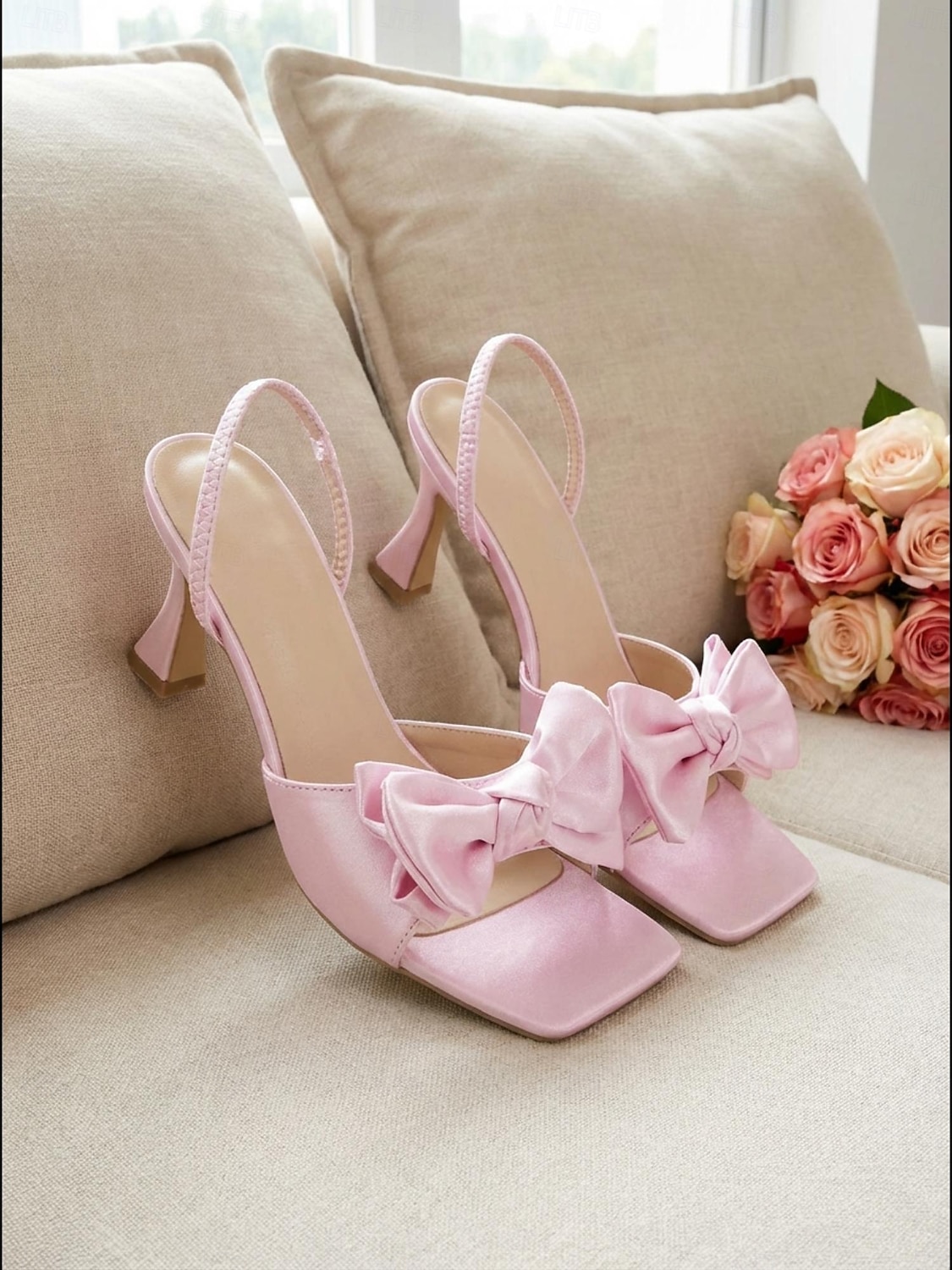 Elegante, rosafarbene Slingback-Pumps mit Schleife aus Satin und eckiger Spitze, mittelhoher Absatz, ideal für Hochzeitsgäste und den Garten. &Rasenzeremonien 2026 - $32.99 –P2