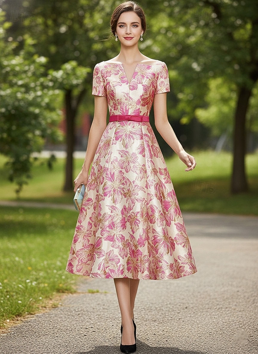 Linea ad A Lunghezza Tè Abito Formale Abiti da Cocktail Elegante Manica Corta Scollo a V Matrimonio Formale Jacquard con Fiocco/Fiocchi del 2026 a $148.99 –P2
