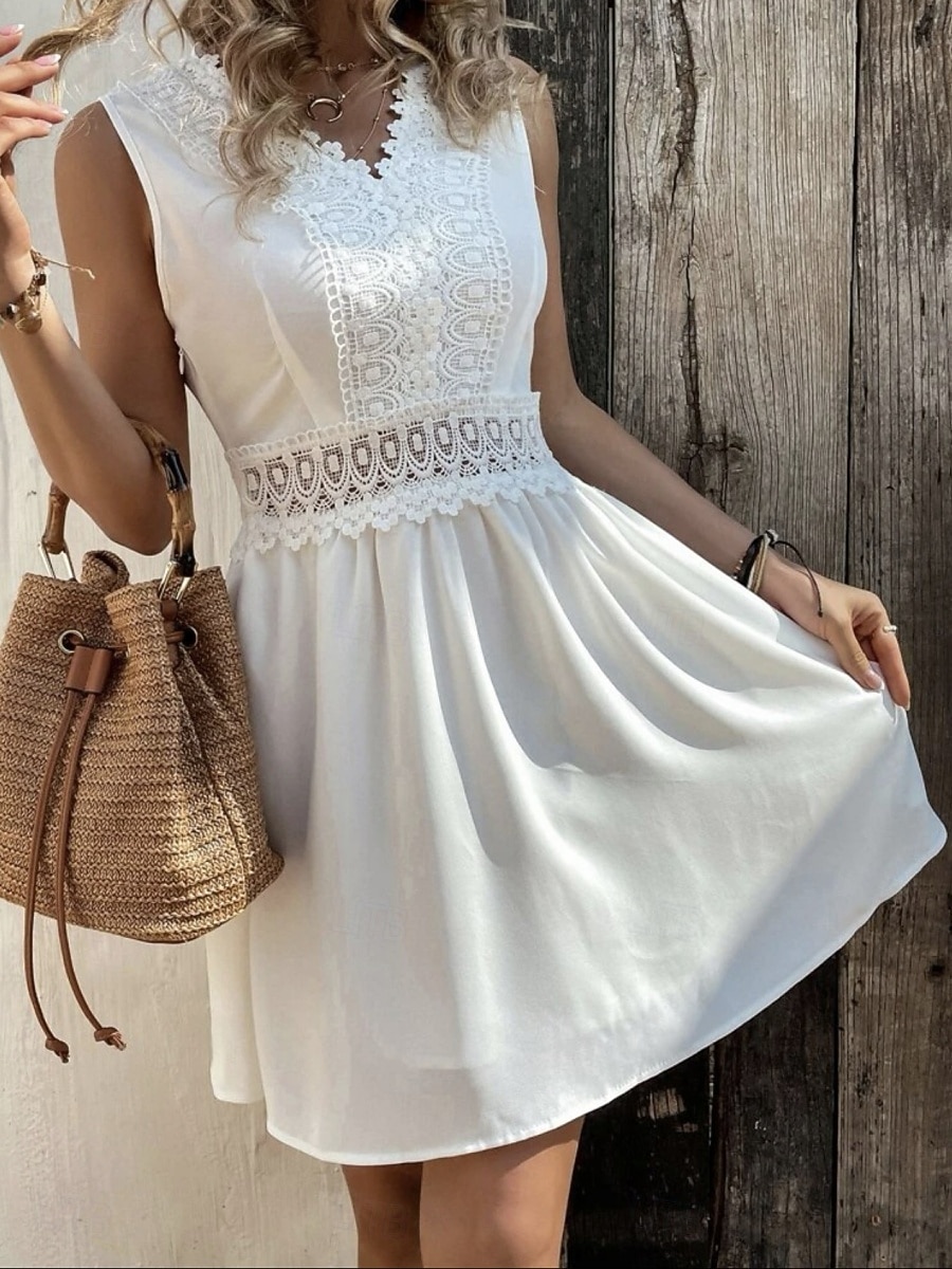 Mulheres Minivestido Vestido de renda Vestido branco Elegante Moda Moderno Ao ar livre Férias Para Noite Normal Tecido Sem Manga Decote V Preto Branco Verão Primavera de 2026 por $26.99 –P4