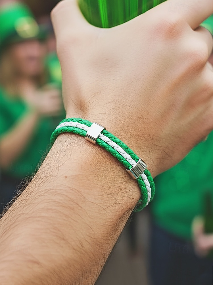 2026年 男性用のセントパトリックスデー編み込みフェイクレザーブレスレット、グリーンとホワイトの編み込みリストバンド、メタルクラスプ付き、男性用カジュアルアイリッシュスタイルジュエリー、ホリデーパレード、パーティー、お祭りの装いに最適  コレクション – $7.99 –P2