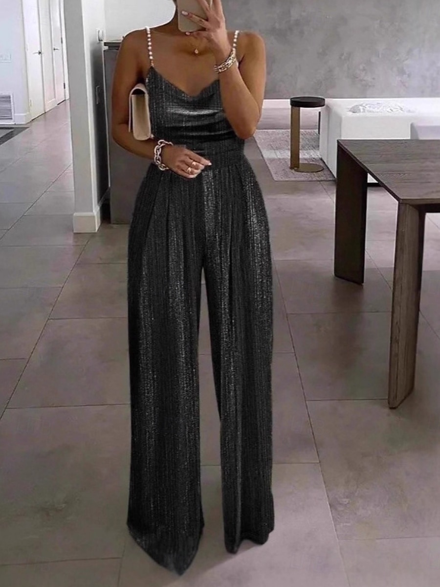 tuta normale da donna streetwear tinta unita senza maniche gamba larga scollo tondo paillettes festa ballo di fine anno vestibilità regolare blu nero vino estate del 2026 a $35.99 –P5
