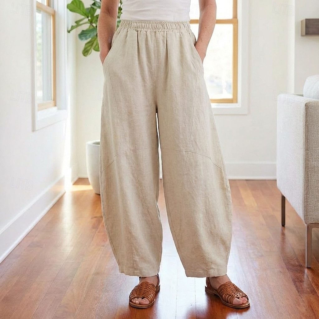 Dam Byxor av linne i bomull Kinesiska Sommarbyxor underbyxor Semester Streetwear Grundläggande Fullängd Medium Midja Slät Ficka Elastiskt midjeband Bekväm Komfort Microelastisk Dagligen Utomhus Gata 2026 - $49.99 –P11