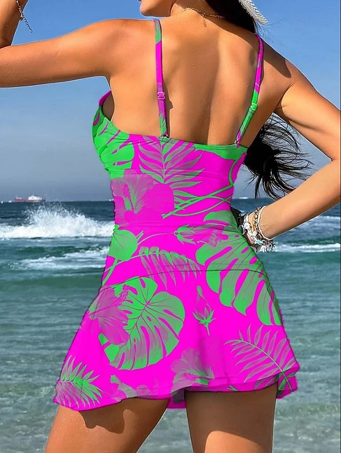 Damen Badeanzug Einteiler Rock Bademode Elegant Urlaub Blumen Grafik Ärmellos Badeanzüge 2026 - $39.99 –P2