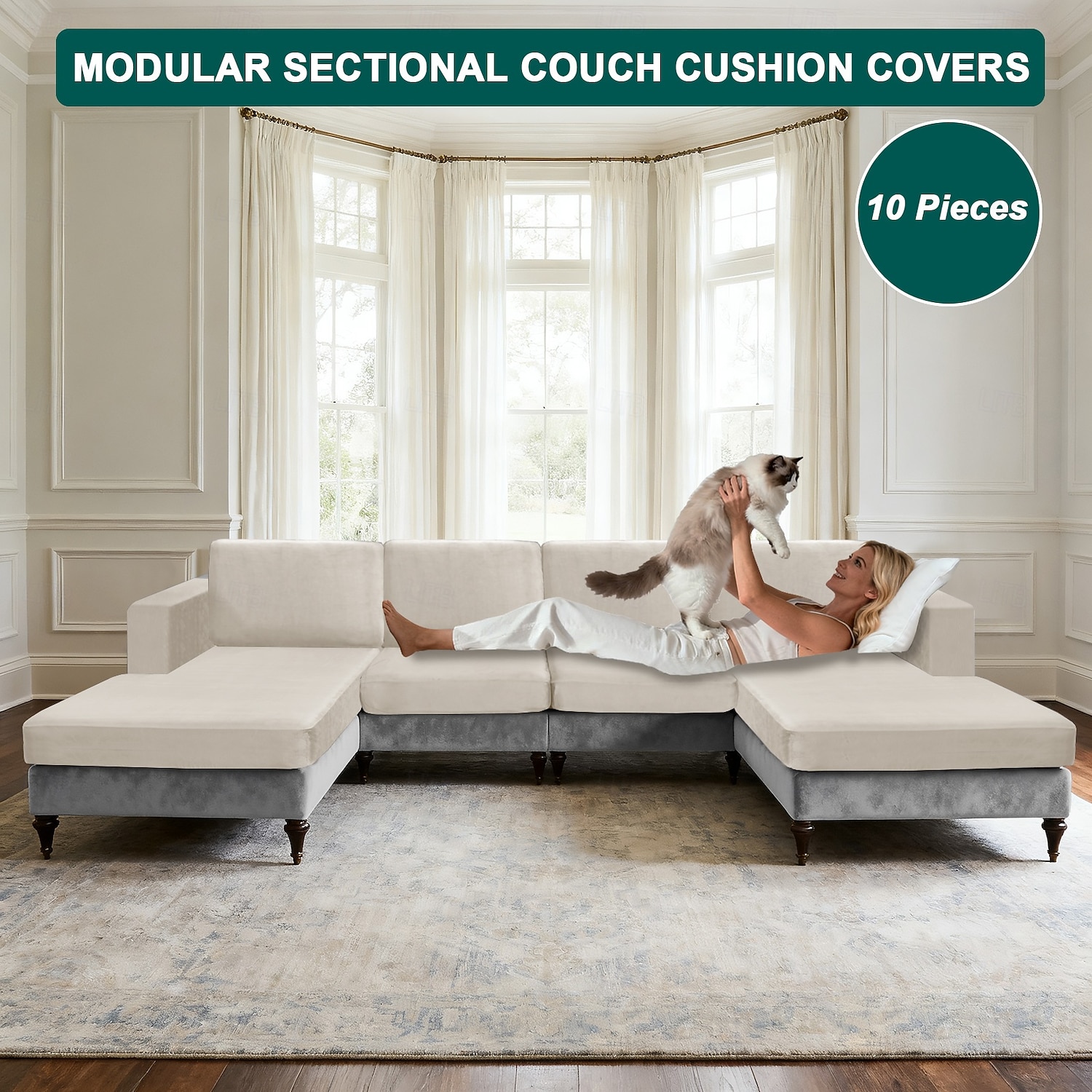 10 Pieces Sofa Cushion Covers for U-Shaped Modular Sectional Couch with 4 Seat 4 Back 2 Arms, Stretch Velvet Upholstered Covers for Sofa Bed with Deep Double Chaise 2026 - $132.99 –P9