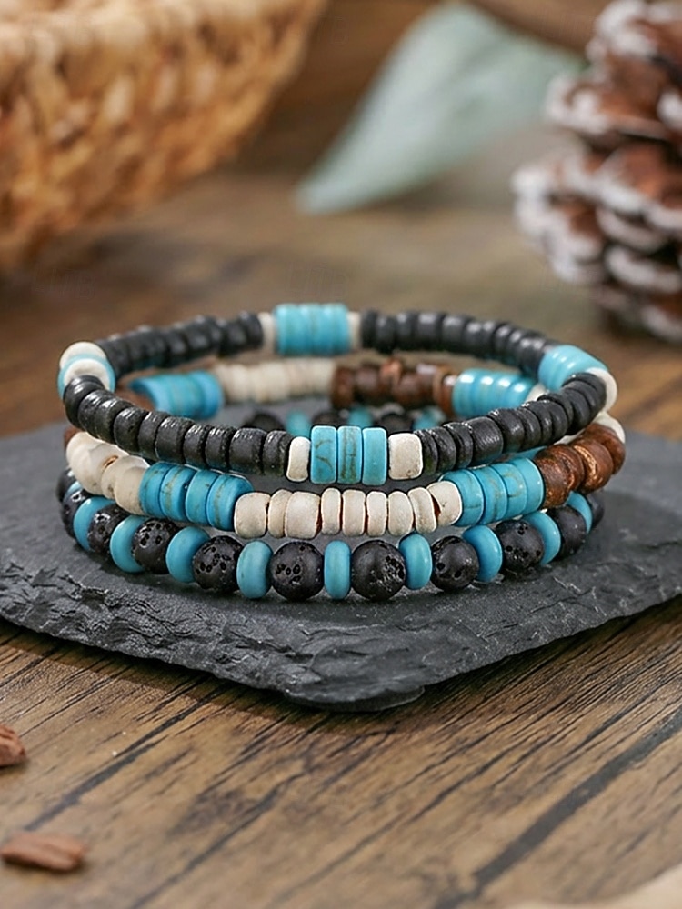 set di bracciali bohémien da uomo, materiali misti con turchese e pietra lavica, perfetti per le vacanze e per l'uso quotidiano casual del 2026 a $9.99 –P3