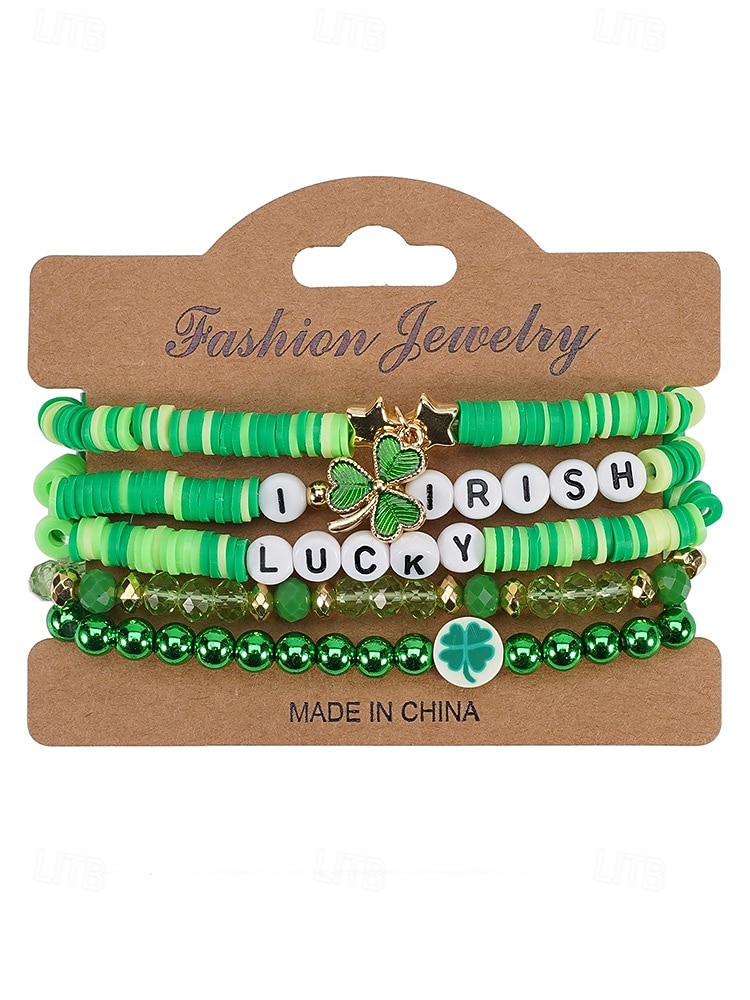 Set de brățări cu mărgele pentru femei de Ziua Sfântului Patrick, brățări cu pandantive din rășină și aliaj, bijuterii cu litere irlandeze cu trifoi în mai multe stiluri, perfecte pentru parade de sărbători, petreceri și ținute festive 2026 - $9.99 –P6