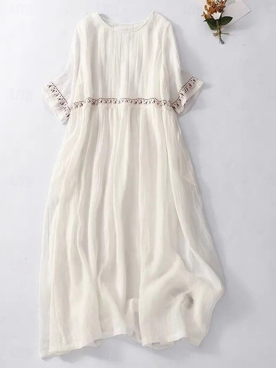 Mujer Vestido Midi Vestidos con tacto de lino Vestido de cambio Vestido de verano Casual Diario Holgado Plano Manga Corta Cuello Barco Blanco Rojo Verano Primavera 2026 - $19.99 –P5