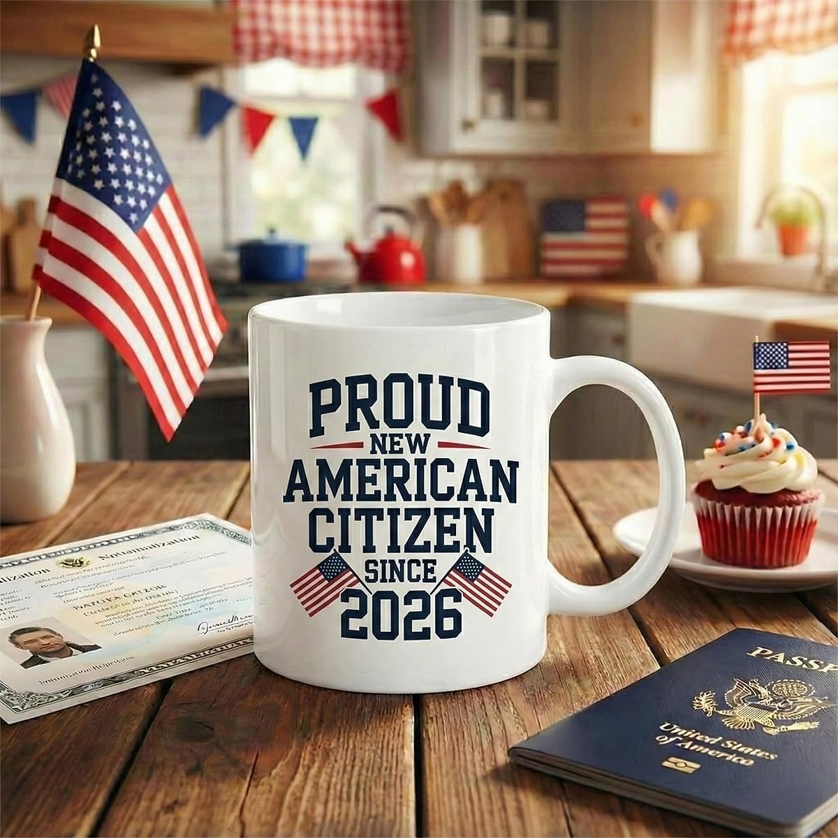 Geschenkidee zur Einbürgerung in den USA 2026: Tasse für frischgebackene US-Bürger, Erinnerungsstück zur Einbürgerung, USA-Flaggen-Design, Glückwunschgeschenk für stolze US-Bürger 2026 - $16.99 –P4