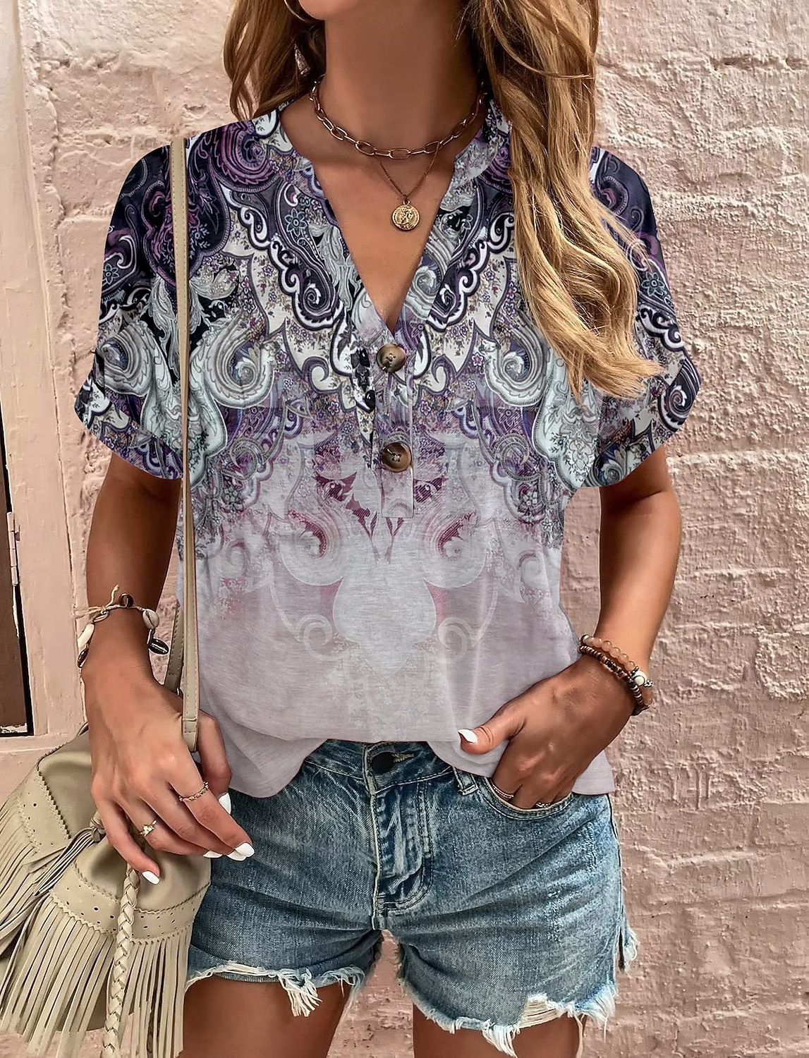 Mujer Camiseta Camiseta superior Botones Estampado Ombre Floral Graphic Bohemia Vintage Manga Corta Escote en Pico Tops largos Diario Noche Fin de semana Azul Piscina Morado Verde Trébol Verano 2026 - $21.99 –P3