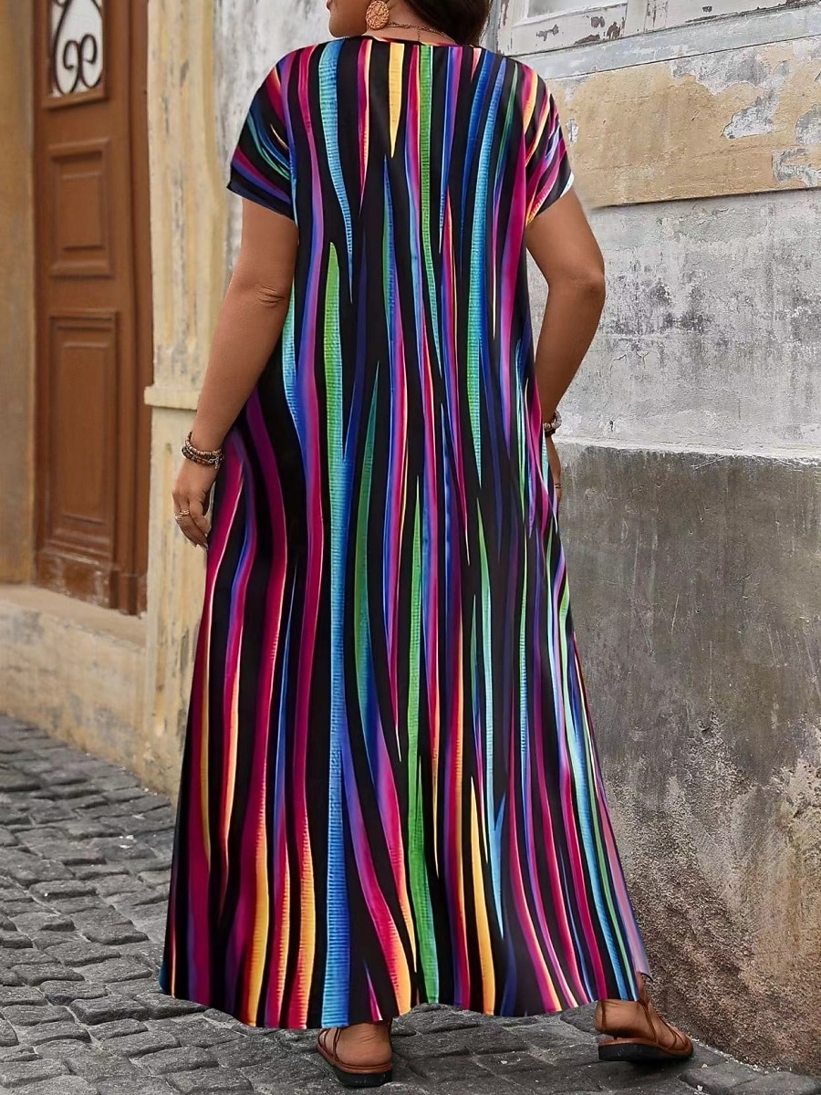 Dames Maxi-jurk Casual jurk T shirt jurk A lijn jurk Modieus Modern Dagelijks Vakantie Uitgaan Ruim Passend Gestreept Korte mouw V-hals blauw Blozend Roze Rood Paars Zomer Lente 2026 - $29.99 –P3