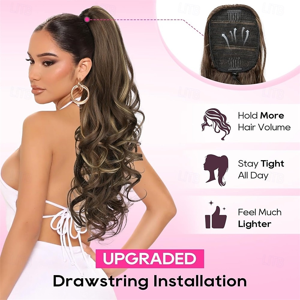 Ponytail Extension, 26 Inch Drawstring Ponytail Extension Long Curly Wavy Pony Tails Hair Extensions Synthetic Clip in Ponytail Hairpiece for Women, Dark Chocolate Brown with Highlights 26 Inch 2026 - $22.99 –P4