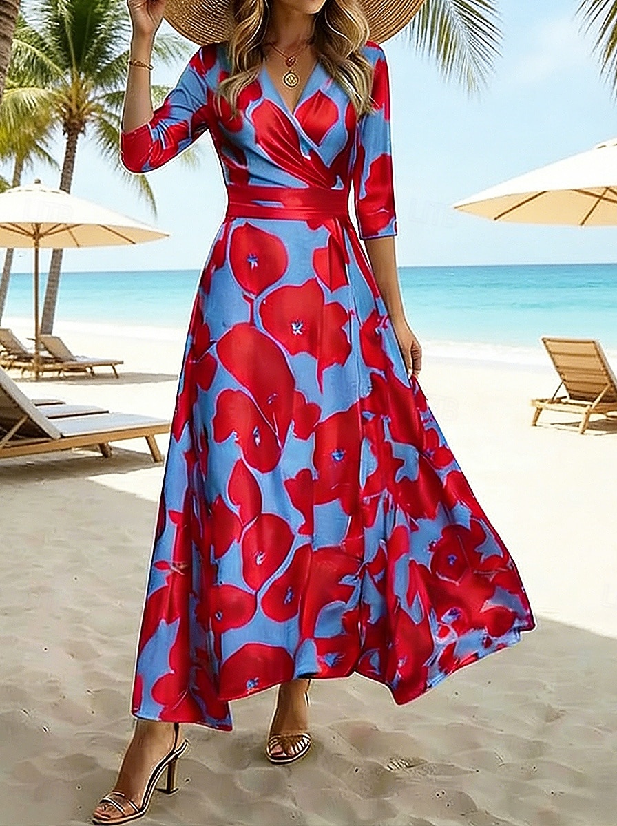 Per donna Abito maxi Vestito Estivo Abito da Spiaggia Abito a trapezio Abito Floreale Casual Quotidiano Vestibilità regolare Floreale Manica 3/4 Scollo a V Bianco Champagne Rosso Primavera Autunno del 2026 a $39.99 –P2