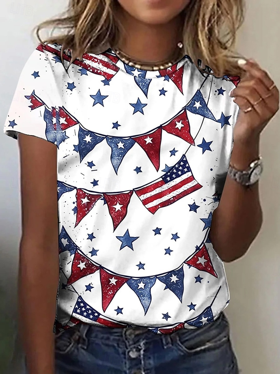 American Independence Day Women's T Shirt Print Graphic Flag Stylish Classic Casual Short Sleeve Crew Neck Round Neck Regular Tops Daily White Red Red / Blue Summer Spring 2026 - $22.99 –P1