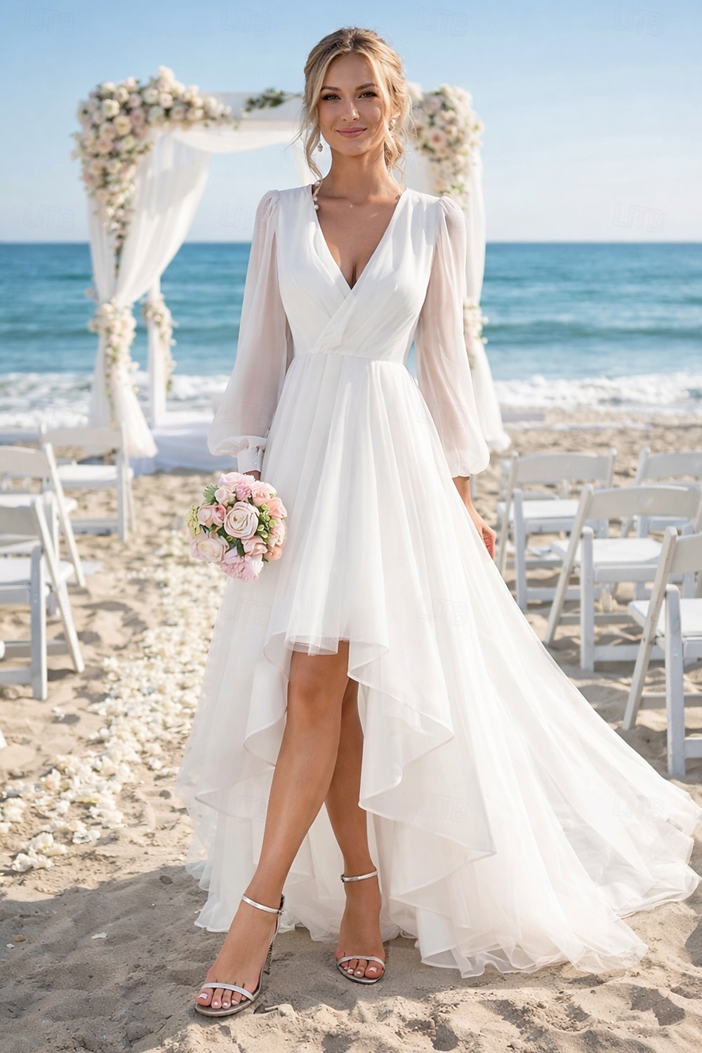 Matrimonio sulla spiaggia addio al nubilato piccolo abito bianco abiti per addio al nubilato abiti da matrimonio A-Line scollo a V manica lunga asimmetrico chiffon abiti da sposa con colore solido del 2026 a $149.99 –P1