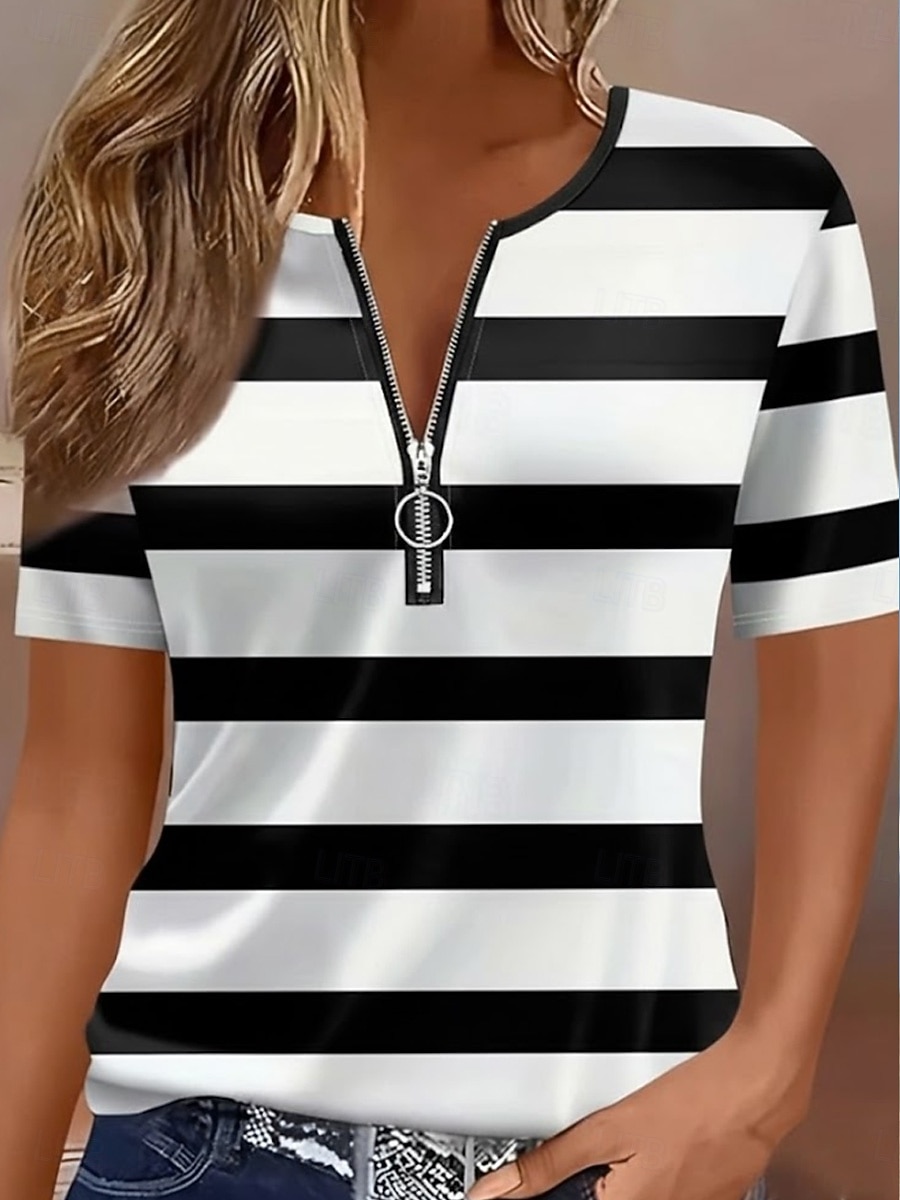 Per donna Maglietta Cerniera Zip a un quarto Grafico Geometrico Blocco di colori Tropicale Hawaiano Elegante Manica Corta Girocollo Top Regolari Matrimonio in Spiaggia Quotidiano Sportivo Blu Nero del 2026 a $21.99 –P6