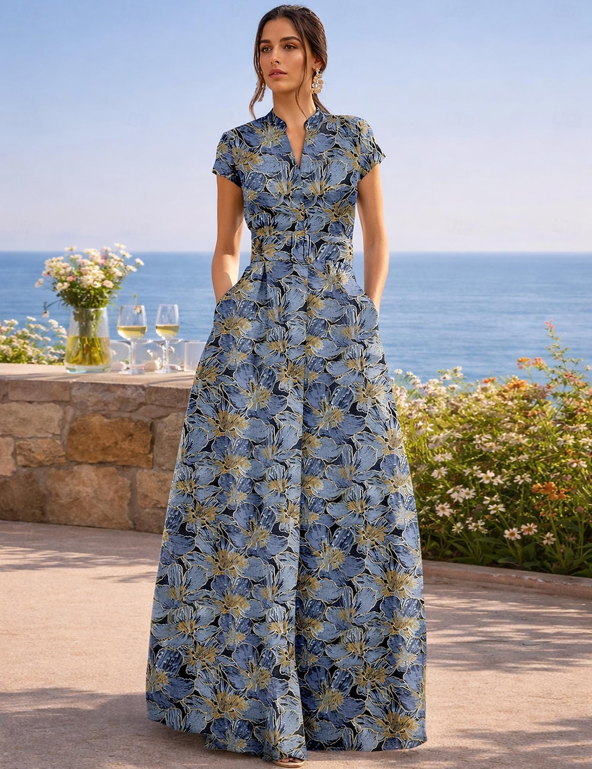 A-Line Floor Length Wedding Guest Dress Formal Dresses Evening Gown Mother of the Bride Dress Short Sleeve V Neck Elegant Vintage Wedding Formal Nylon with Slit Pocket 2026 - $186.99 –P4