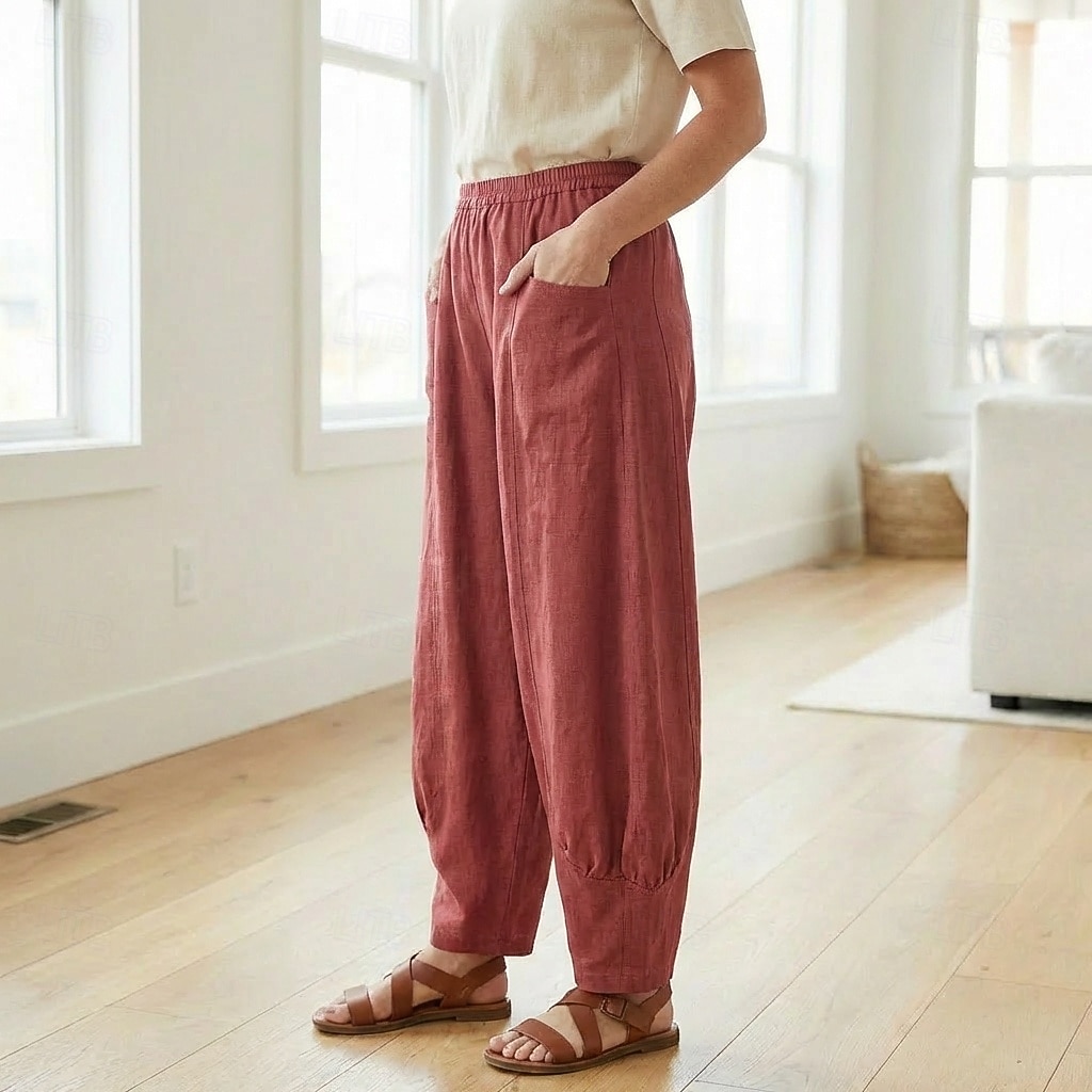 Damen-Leinenhose aus 70 % Leinen, weites Bein, Chino-Stil, Sommerhose, Urlaubshose, Streetwear, Basic, lange Länge, mittlere Bundhöhe, schlicht, Tasche, elastischer Bund, bequem, komfortabel, nicht elastisch, für Alltag, Outdoor, Straße, Bordeauxrot, Azur 2026 - $49.99 –P16