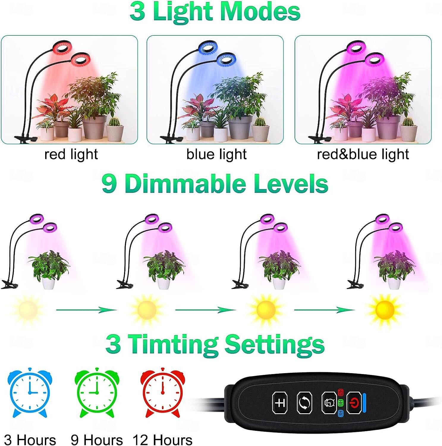2026年 1/2/3/4ヘッドクリップオンLED植物育成ライト、フルスペクトル、48個のLEDビーズ、タイマー、調光可能な明るさ、5V USB電源、屋内緑植物、水耕栽培、野菜、温室、多肉植物  コレクション – $18.49 –P3