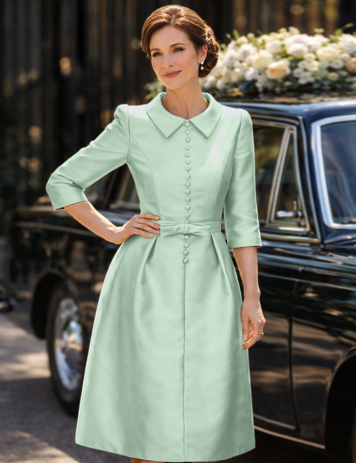 Schlauchkleid Knielang Partykleid Cocktailkleid Kleid für Hochzeitsgäste Brautmutterkleid Dreiviertelarm Hemdkragen Elegant Minimalistisch Hochzeitsgast Cocktailparty Formeller Abend Stretch Satin mit 2026 - $126.99 –P9