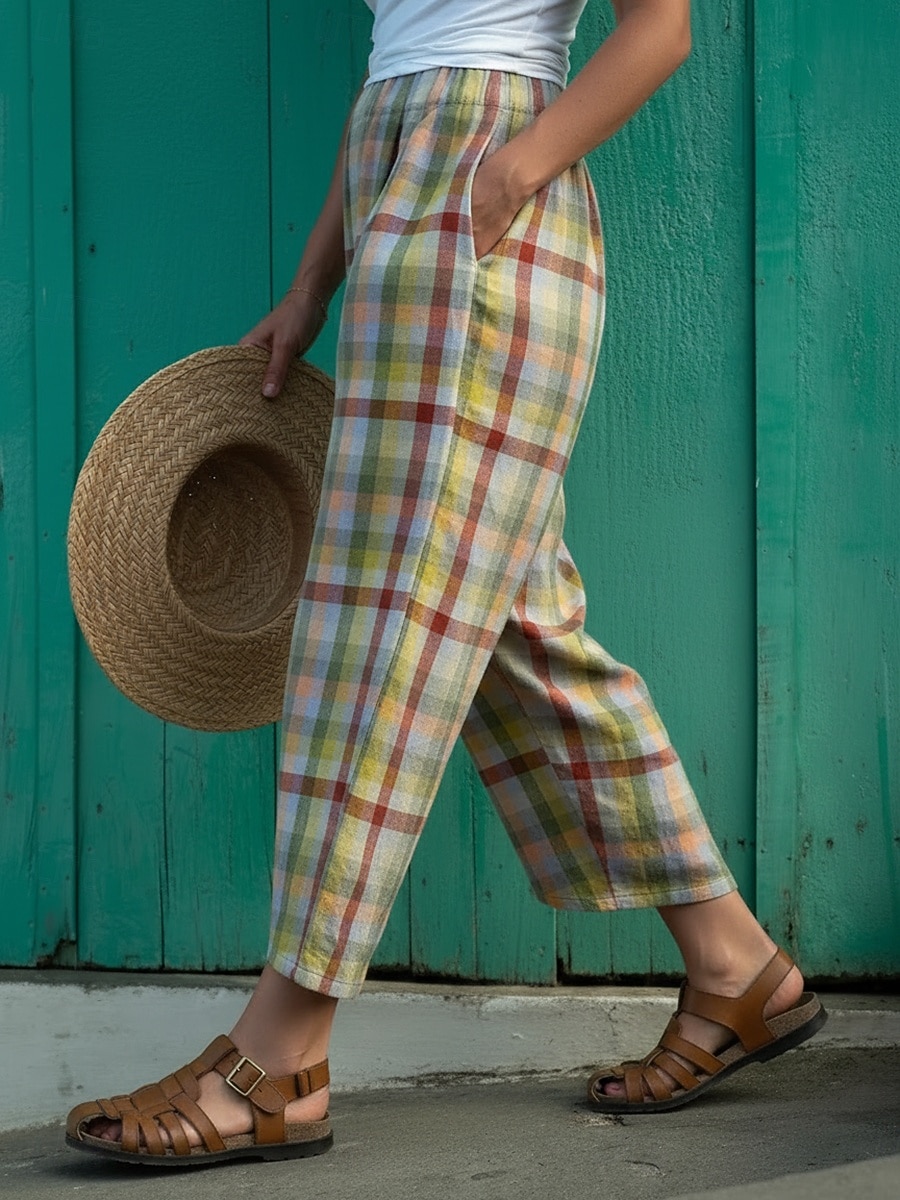 Per donna Chinos Vacanza Vintage Streetwear Lunghezza intera Vita Alta Grafico Plaid Tasca Fascia Elastica Stampa Comodità Morbido Confortevole Micro-elastico Quotidiano All'aperto Vacanza Giallo del 2026 a $18.99 –P3