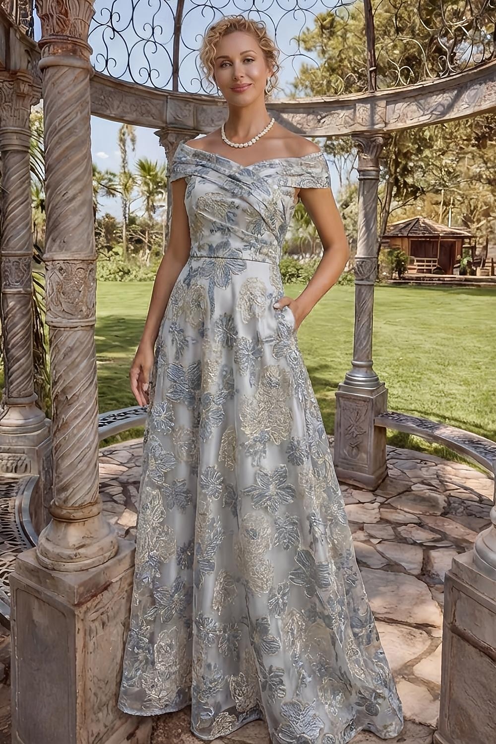 Corte A Hasta el Suelo Vestido Invitada Boda Vestido formal Vestido de flores Vestido de Madrina Sin Mangas Hombros Caídos Elegante Formal Jacquard con Bordados 2026 - $195.99 –P1