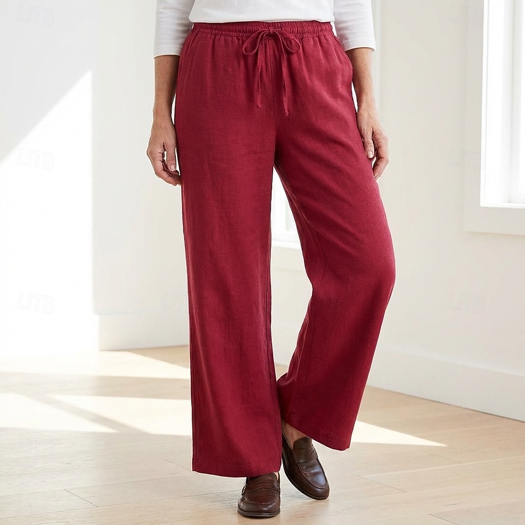 70% Linen Women's Linen Pants Culottes Wide Leg Wide Leg Chinos Vacation Streetwear Basic Full Length Medium Waist Plain Drawstring Pocket Comfort Inelastic Daily Outdoor claret Deep Green 2026 - $49.99 –P1