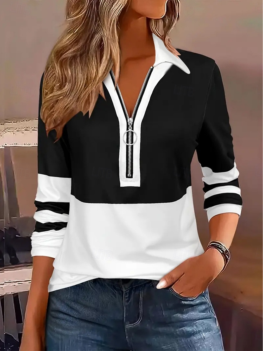Women's Blouse Zipper Striped Stylish Casual Long Sleeve Turndown Regular Tops Daily Blue Black Wine Brown Green Spring Fall 2026 - $22.99 –P2