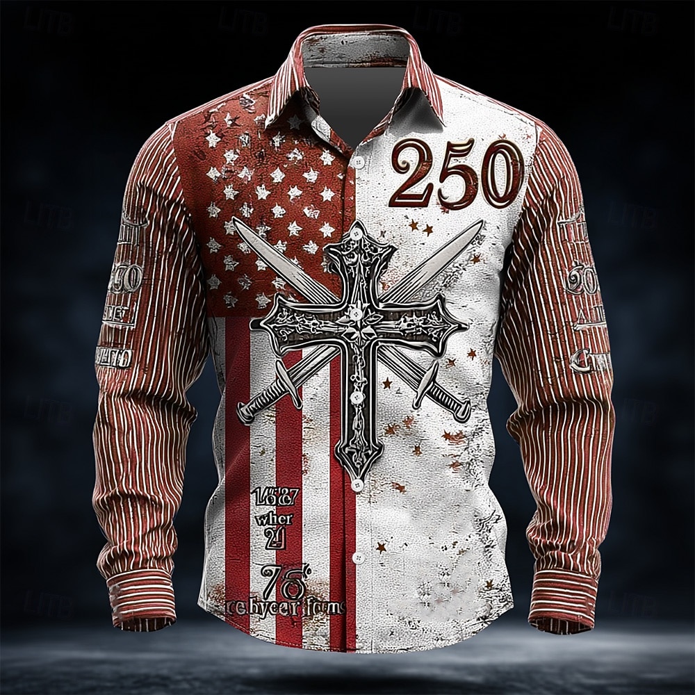 Camicia da Uomo U.S. 250° Anniversario Cross Bandiera Statunitense Camicia Button Up Manica Lunga Vintage Retro Vacanza Casual Quotidiana Primavera Autunno Collo A Rivolto Camicie Stampate 3D Blu del 2026 a $27.99 –P2