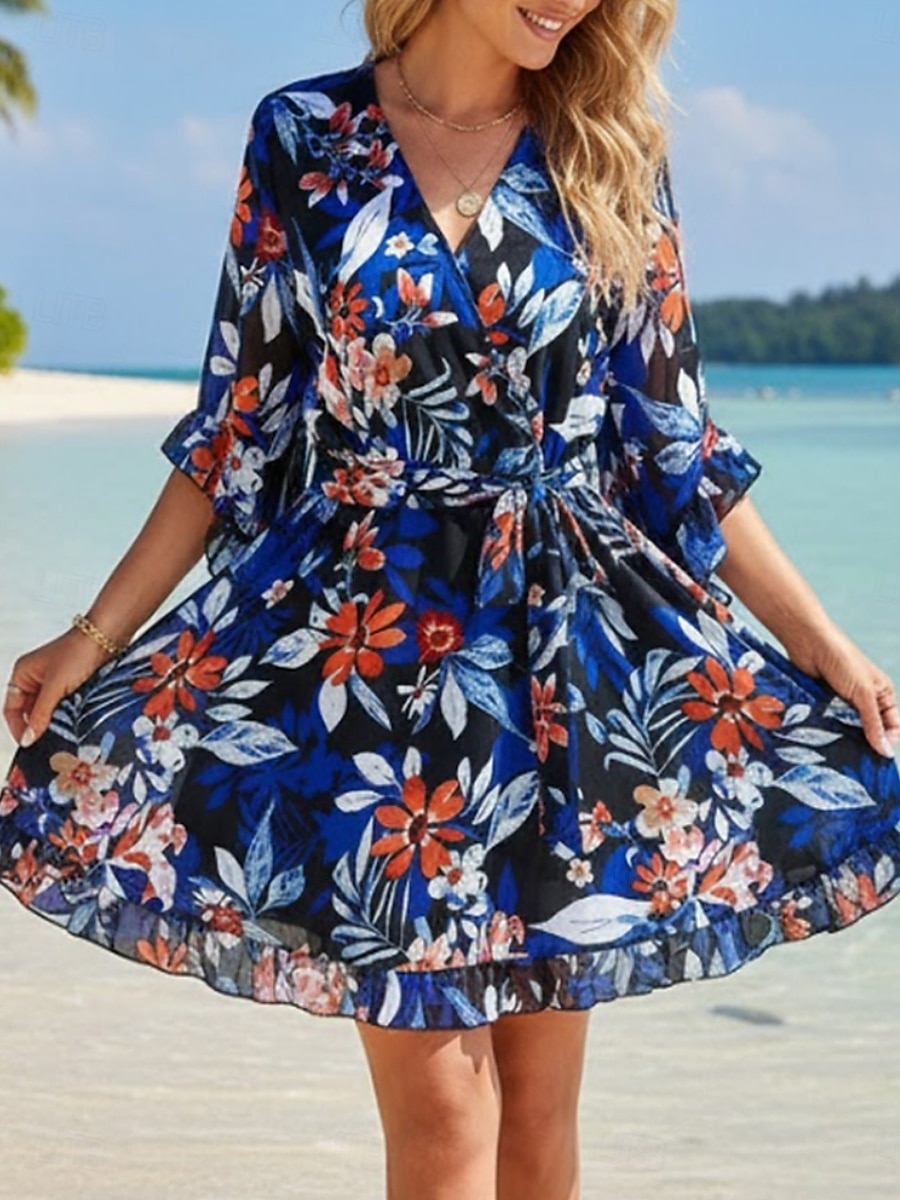 Women's Mini Dress A Line Dress Vacation Casual Outdoor Going out Regular Fit Floral 3/4 Length Sleeve V Neck Blue Summer Spring Fall 2026 - $51.99 –P2