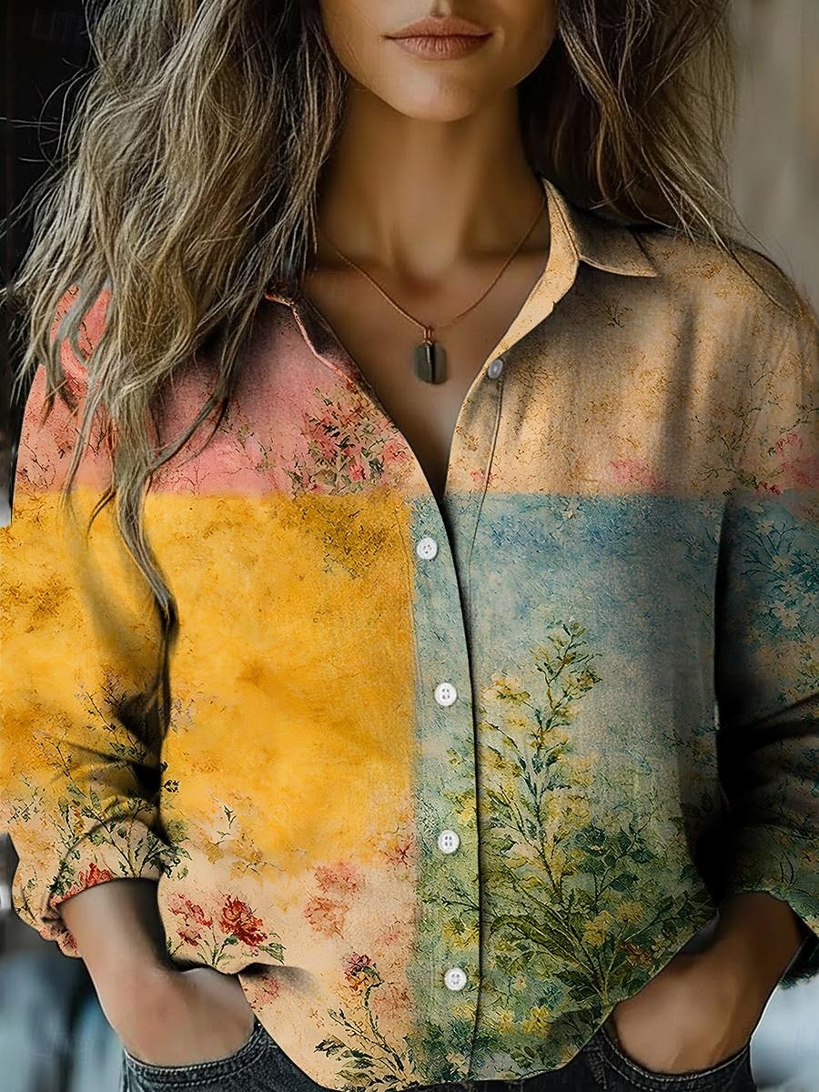 Жен. Рубашка Искусственный хлопок и лен Пуговицы С принтом Загар и защита от солнца Богемия Винтаж Стиль Длинный рукав Рубашечный воротник Обычные топы Повседневные Праздники 2026 - $35.99 –P6